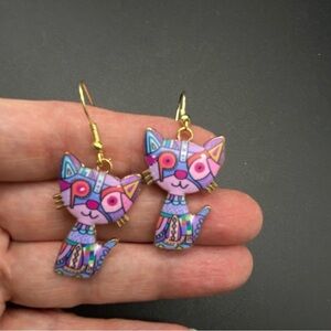 Cat Lady Earrings Whimsical Boho Patchwork Colorful Pierced Dangle Gold Tone New